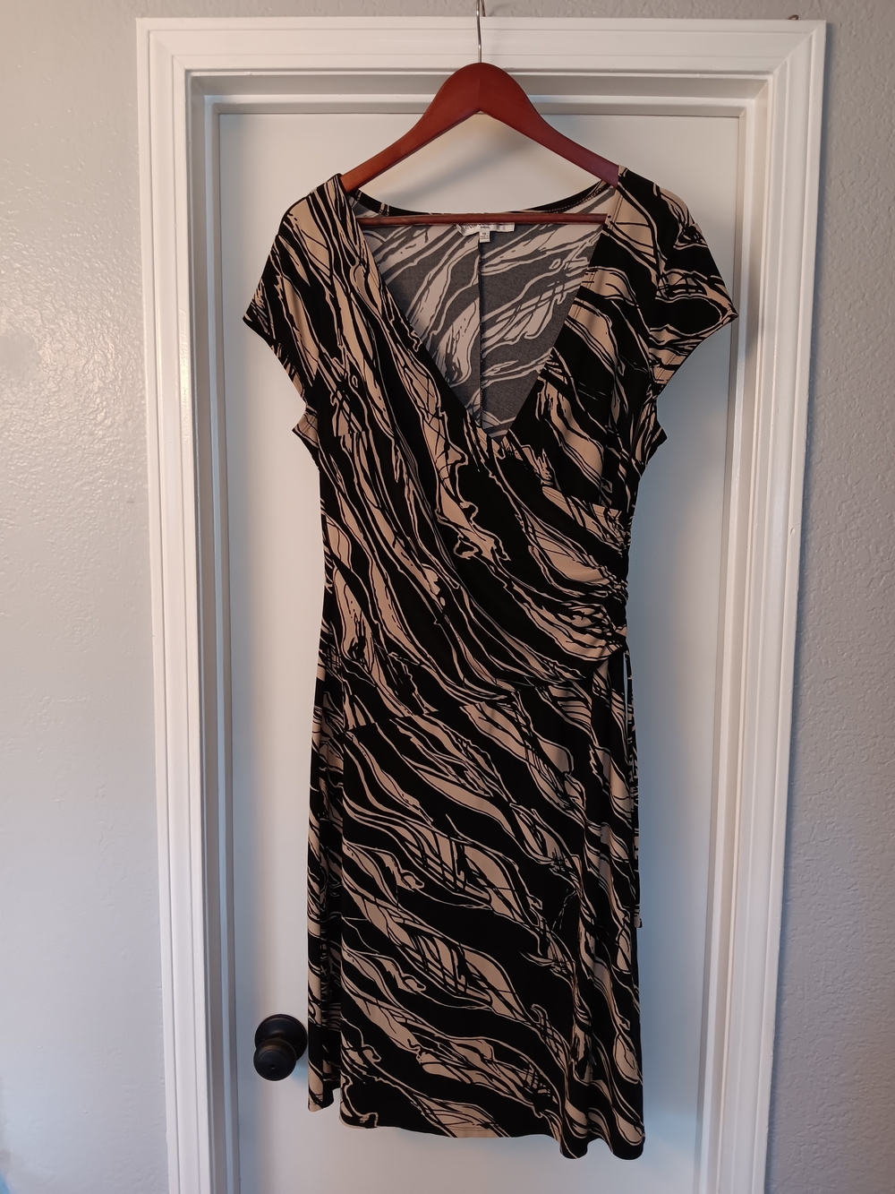 Evan Picone Black and Beige Wrap Style Abstract-Print Midi Dress